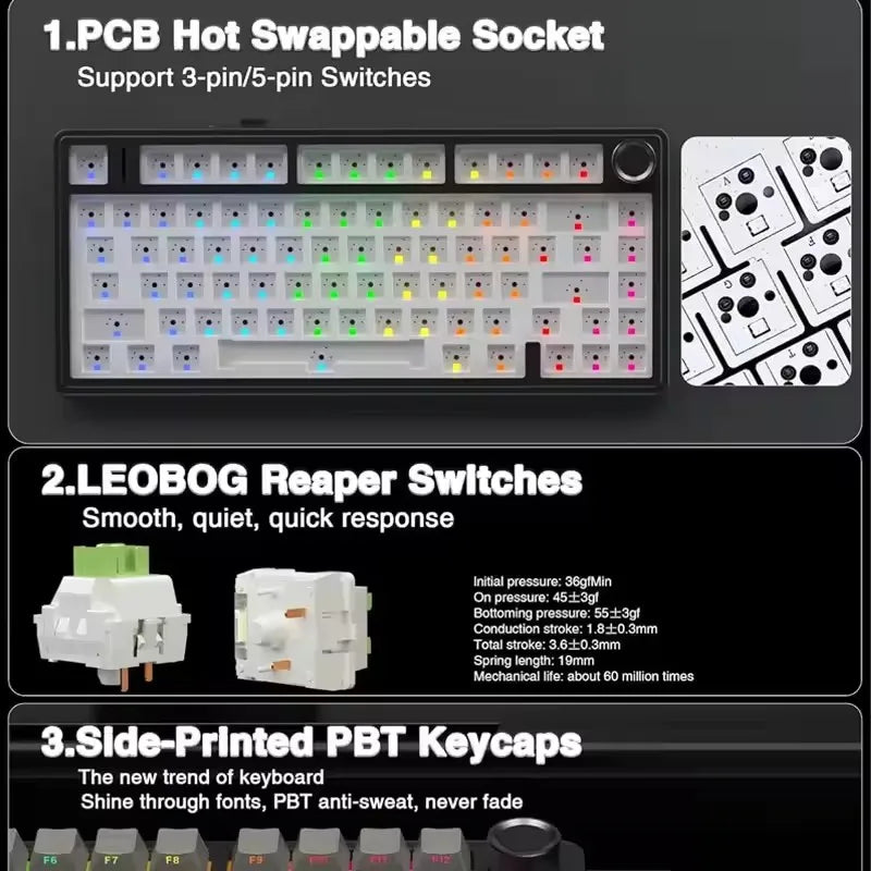 AULA F75 Gaming Mechanical Keyboard RGB 75% Layout Side-engraving Customized Gasket Mounted 80 key PBT Keycaps Wireless keyboard