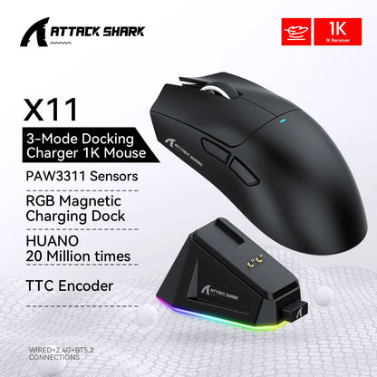 TOP! X11 Attack Shark Gaming Mouse,Tri-Mode Connection, PixArt PAW3311, Touch Magnetic Charging Base, Wireless Mouse