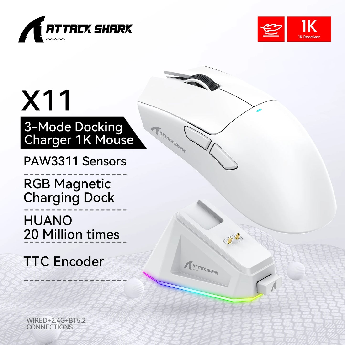 TOP! X11 Attack Shark Gaming Mouse,Tri-Mode Connection, PixArt PAW3311, Touch Magnetic Charging Base, Wireless Mouse