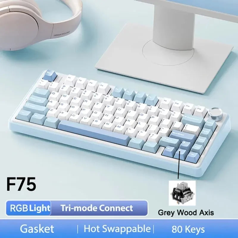 AULA F75 Gaming Mechanical Keyboard RGB 75% Layout Side-engraving Customized Gasket Mounted 80 key PBT Keycaps Wireless keyboard