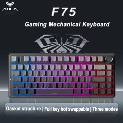 AULA F75 Gaming Mechanical Keyboard RGB 75% Layout Side-engraving Customized Gasket Mounted 80 key PBT Keycaps Wireless keyboard