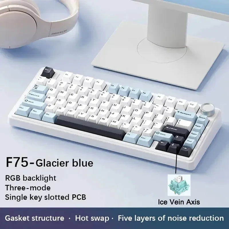 AULA F75 Gaming Mechanical Keyboard RGB 75% Layout Side-engraving Customized Gasket Mounted 80 key PBT Keycaps Wireless keyboard