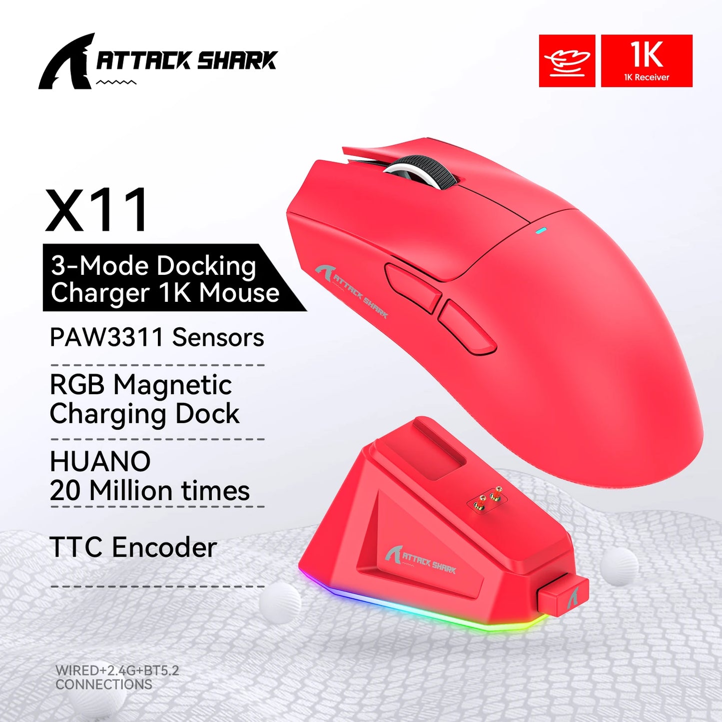 TOP! X11 Attack Shark Gaming Mouse,Tri-Mode Connection, PixArt PAW3311, Touch Magnetic Charging Base, Wireless Mouse